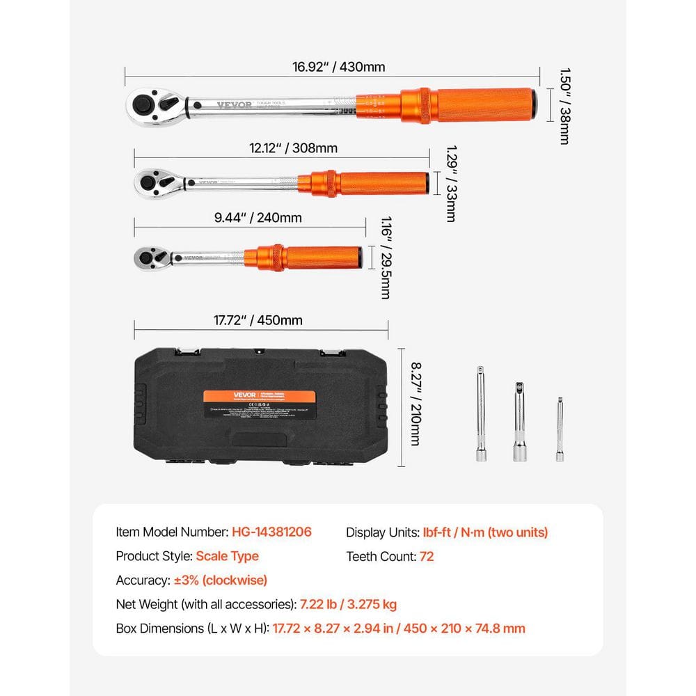 Click Torque Wrench Set 3-Piece 1/4 3/8 1/2 in Drive 10-170 lbf-ft 5-45 lbf-ft 20-240 lbf-in Dual-Direction