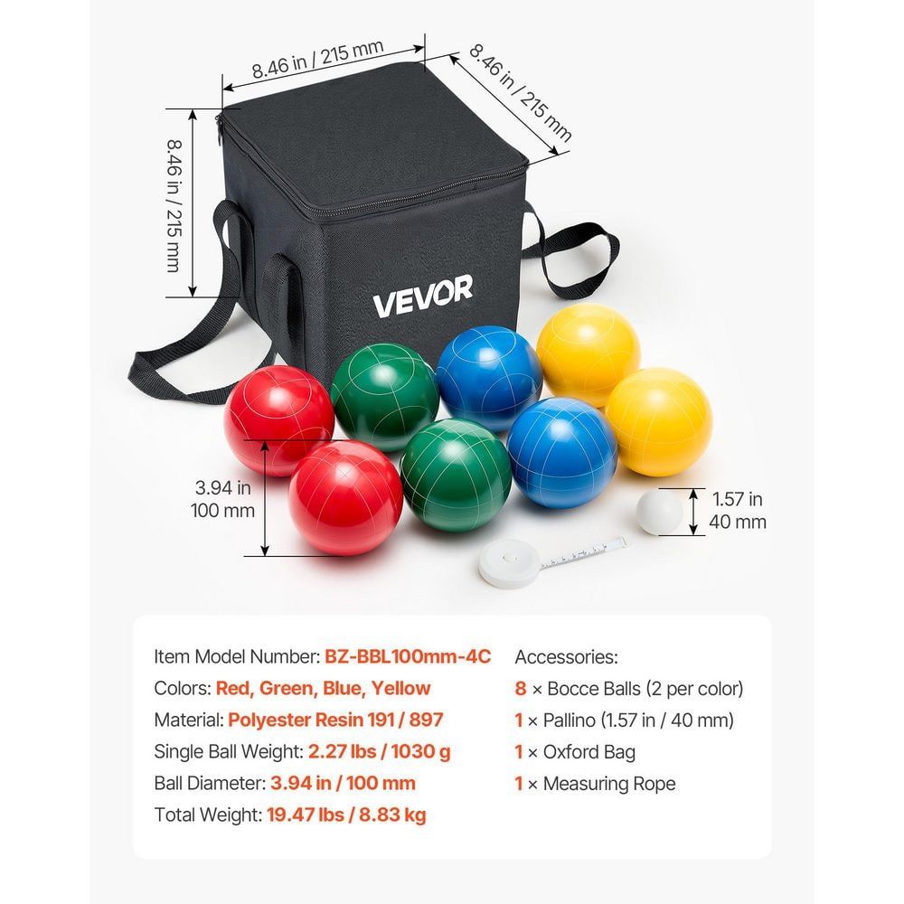 Bocce Ball Set 100mm 8 Resin Balls Pallino Carrying Bag Measuring Rope 4 Colors