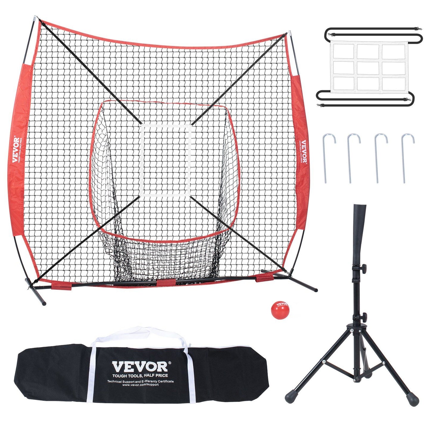 Baseball Softball Practice Net 7x7 Ft Portable Training Net with Bow Frame Carry Bag Strike Zone Ball Batting Tee