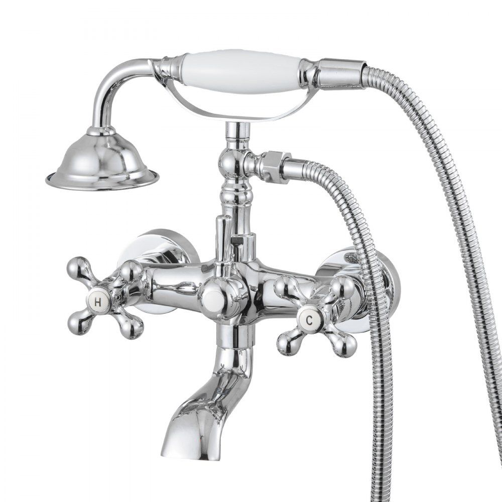 Wall Mount Clawfoot Tub Faucet With Handheld Shower Polished Chrome Adjustable Swing Arms 360° Rotation Spout