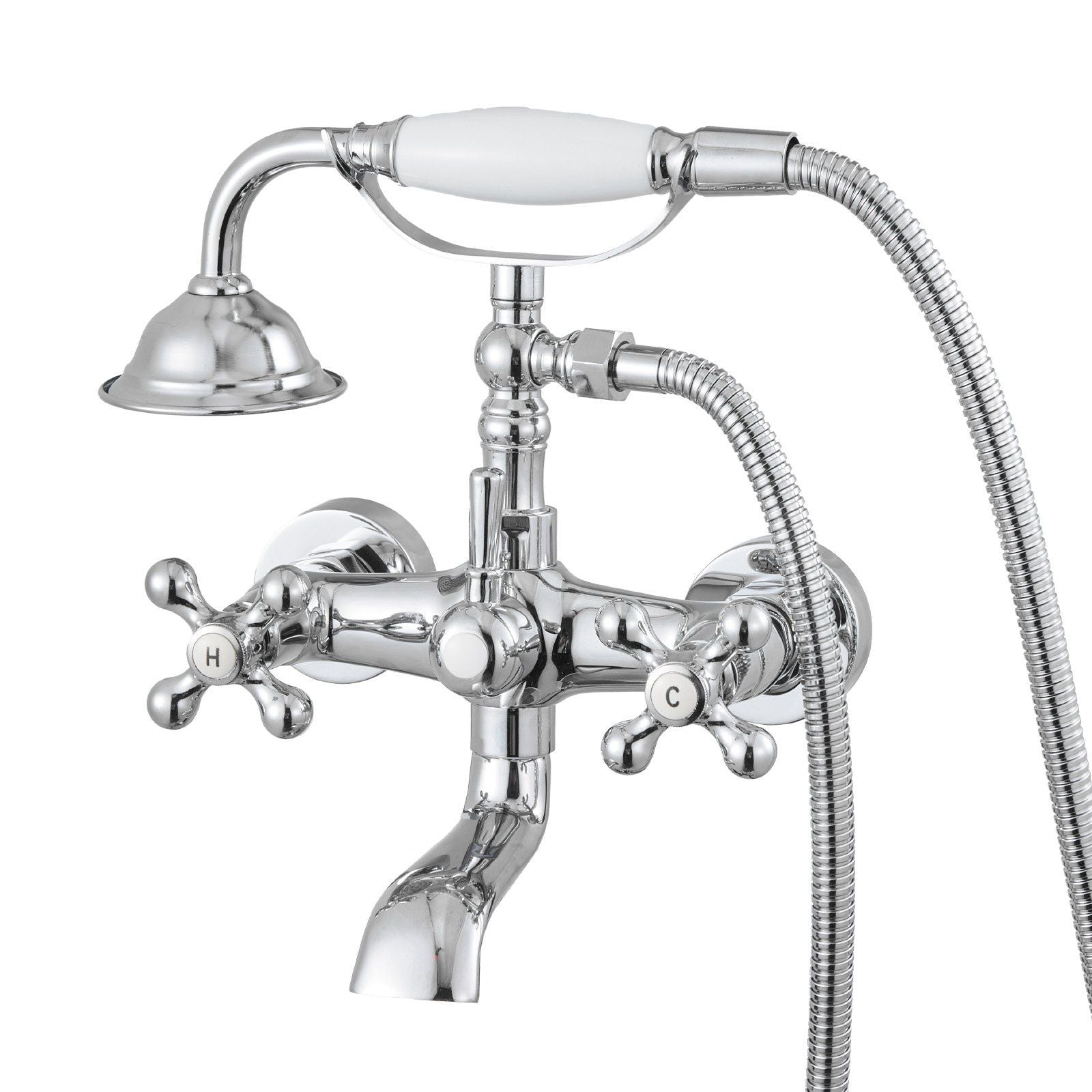 Wall Mount Clawfoot Tub Faucet With Handheld Shower Polished Chrome Adjustable Swing Arms 360° Rotation Spout