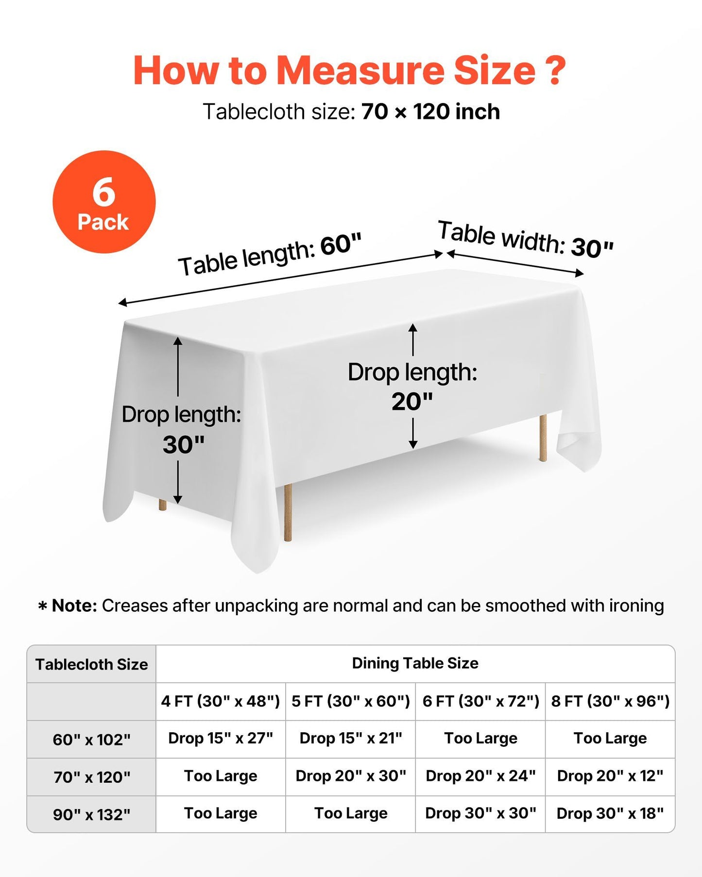 White Tablecloths For Rectangle Tables 6 Pack 70 X 120 Inches Reusable Machine Washable Polyester