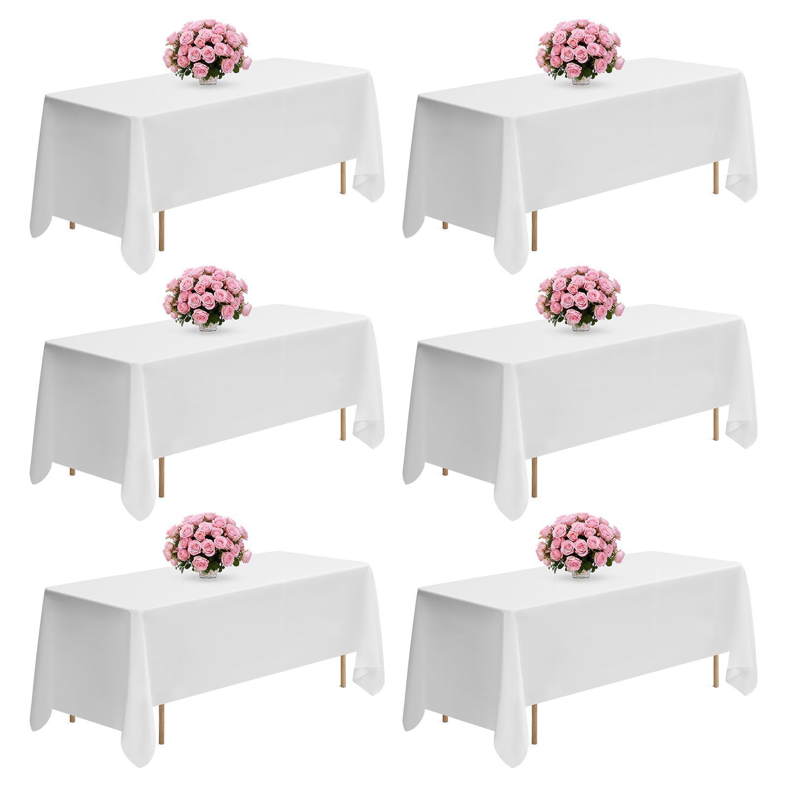 White Tablecloths For Rectangle Tables 6 Pack 70 X 120 Inches Reusable Machine Washable Polyester