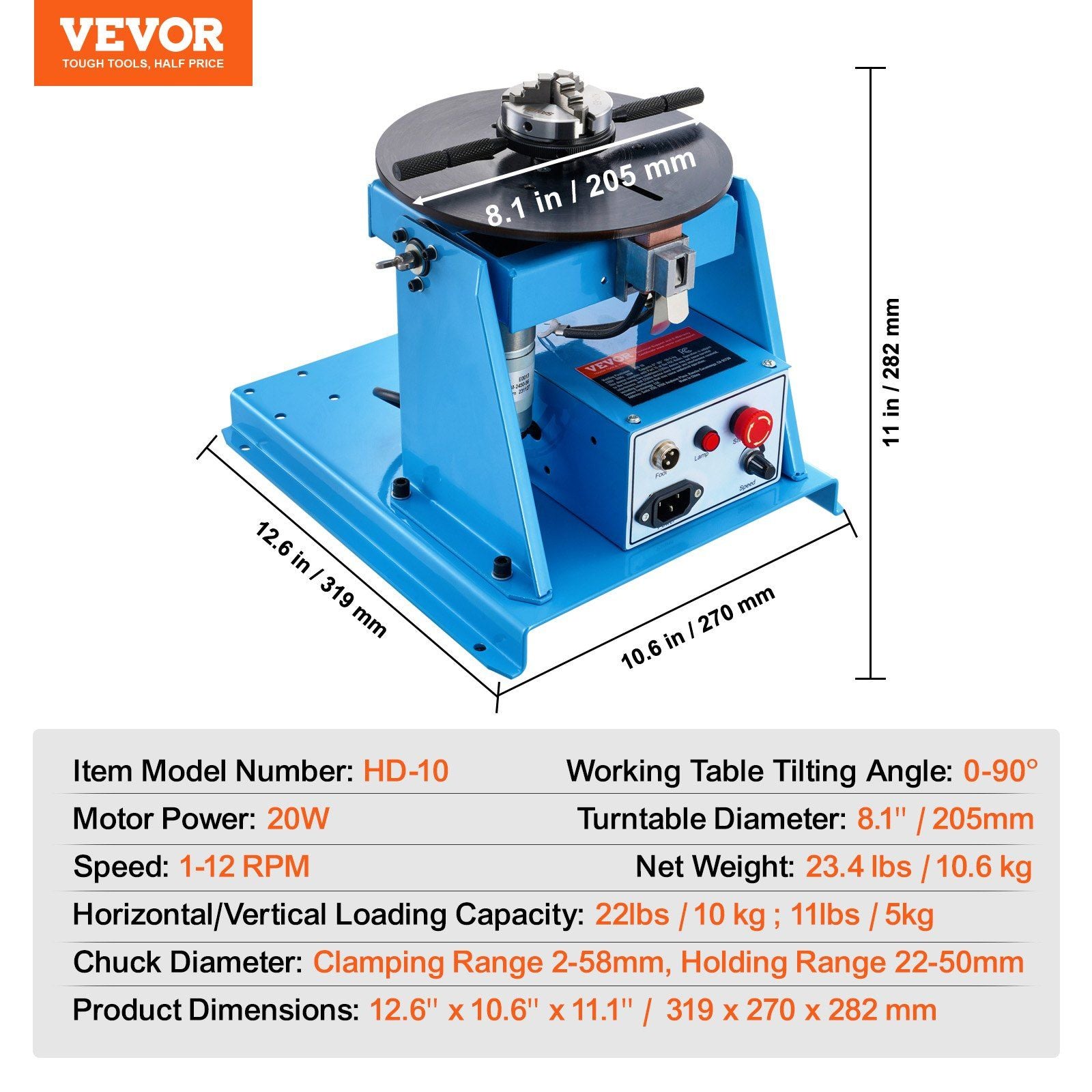 Rotary Welding Positioner 10kg 0-90° Turntable With 3-Jaw Chuck 1-12 Rpm 20W