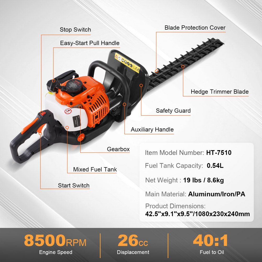 VEVOR 26CC 2 Cycle Gas Hedge Trimmer 23.2 In Blade 180° Adjustable Head