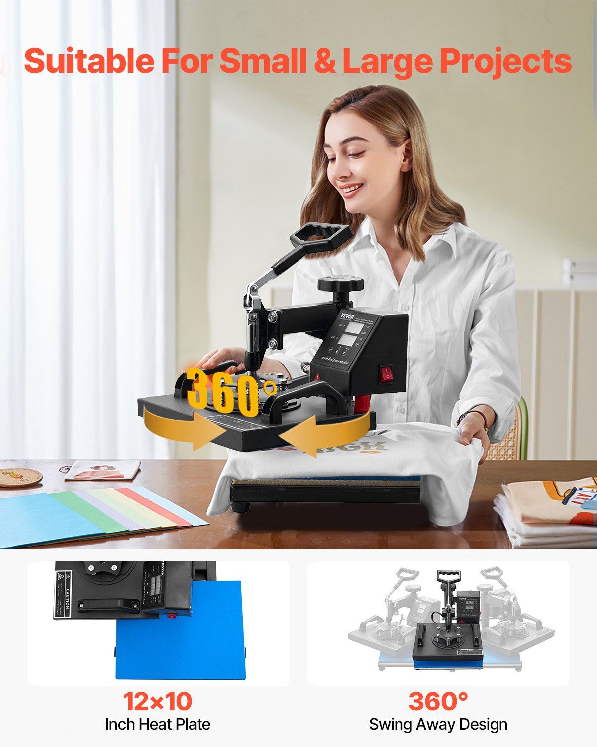 Heat Press Machine 12x10Inch 360° Swing-Away LCD Control Teflon Platen