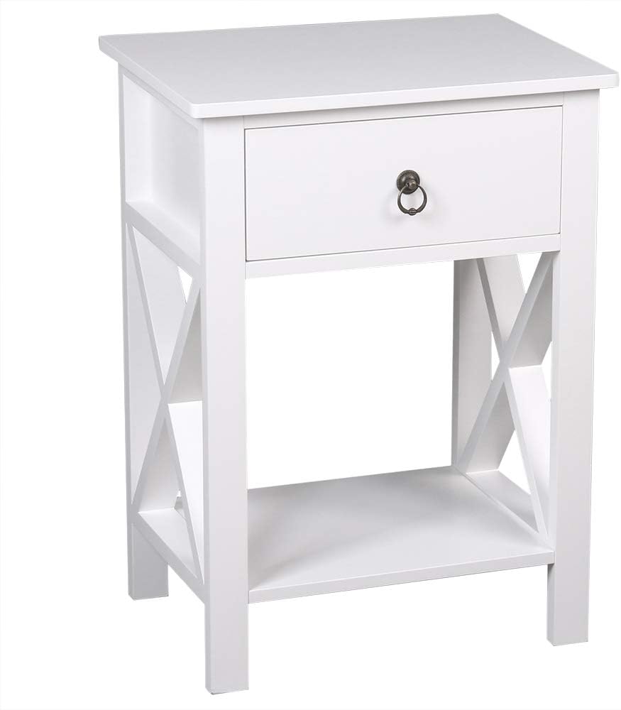 End Table with Storage Shelf and Drawer Industrial White