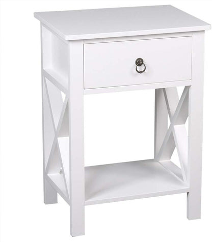 End Table with Storage Shelf and Drawer Industrial White