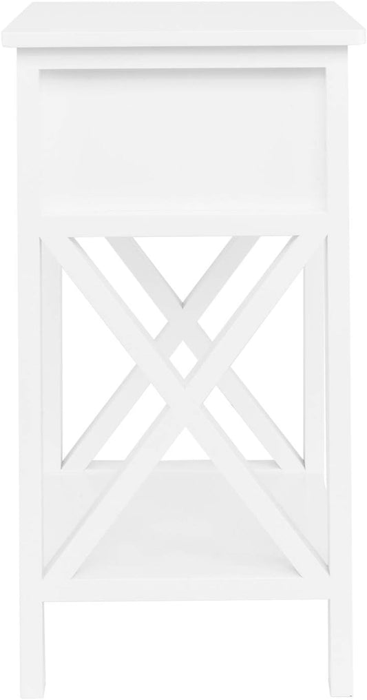 End Table with Storage Shelf and Drawer Industrial White