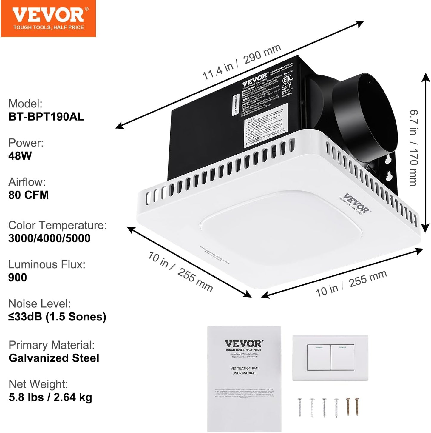 Bathroom Exhaust Fan 80 CFM 1.5 Sones with Remote Control