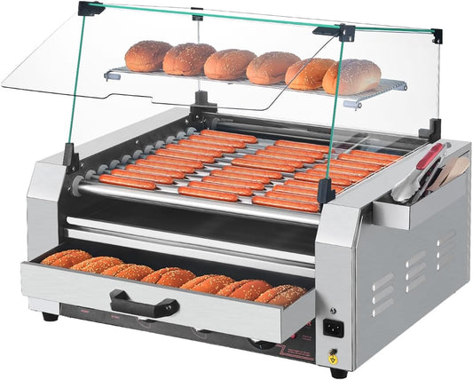 Hot Dog Roller 30 Hot Dog 11 Rollers Stainless Steel Sausage Grill Cooker 1950W with Bun Warmer Cover 3 Temp Control Side Storage Box Oil Drip Tray