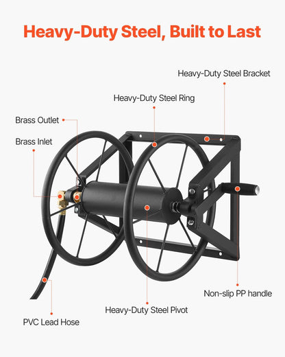 Wall Mounted Garden Hose Reel Holds 200 ft 5/8-Inch Manual Steel with Brass Fitting & 5ft Leader Hose