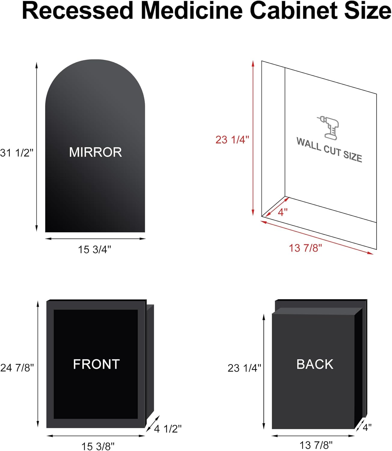 Recessed Arched Medicine Cabinet With Mirror 16x31 Black