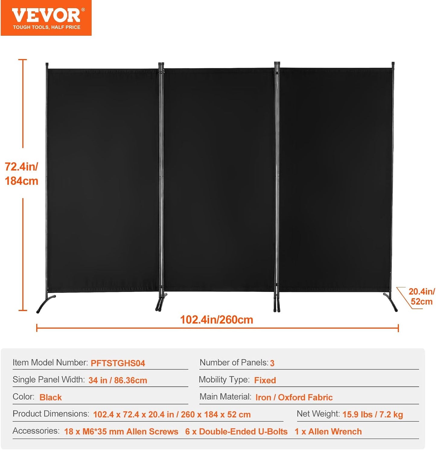 VEVOR Room Divider Folding Privacy Screen Freestanding Portable Partition Black