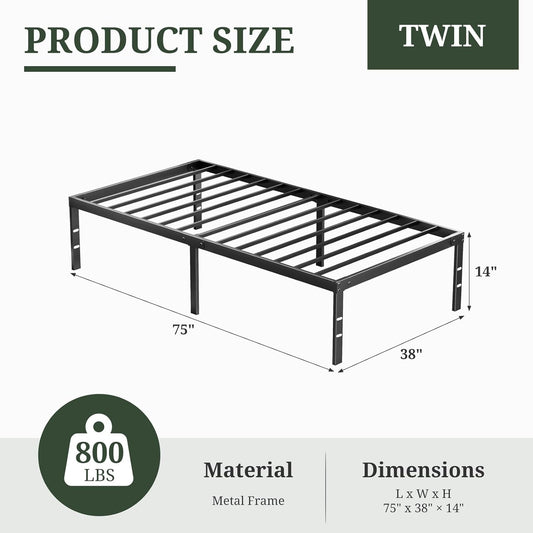 Twin Size Bed Frame 14 Inch Metal Platform with Steel Slat Support