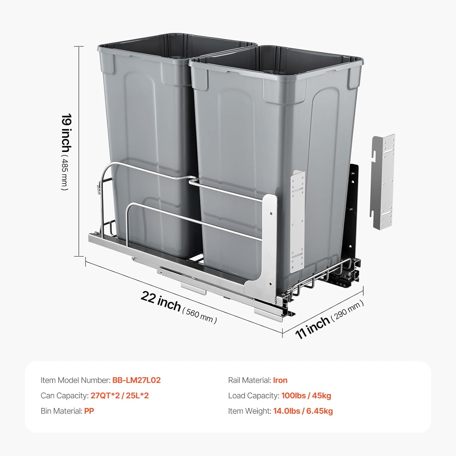 Pull-Out Trash Can 27 QT x2 Double Under Mount Kitchen Waste Container with Soft Close Slide Grey