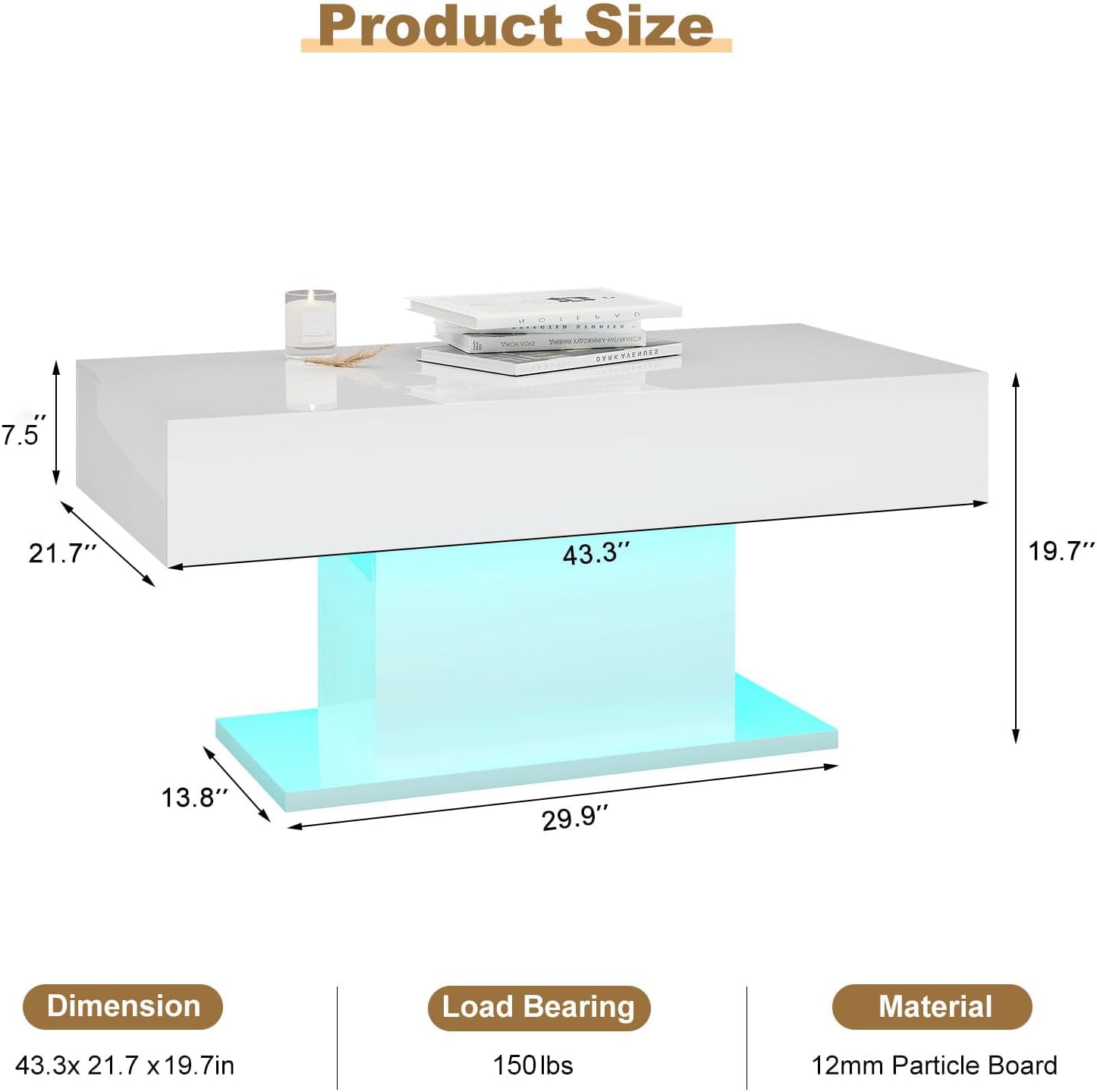 Led Coffee Table for Living Room Rectangular Center Table High Glossy Wooden 16 Colors Lights White