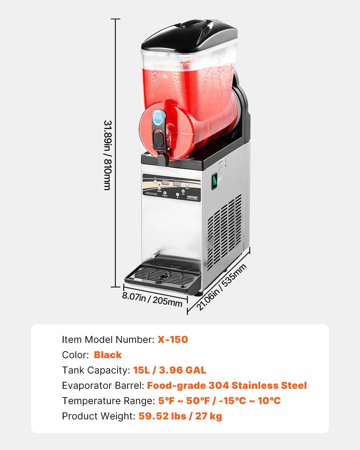 15L Single Tank Commercial Slushie Machine 60 Cups Stainless Steel Frozen Drink Maker