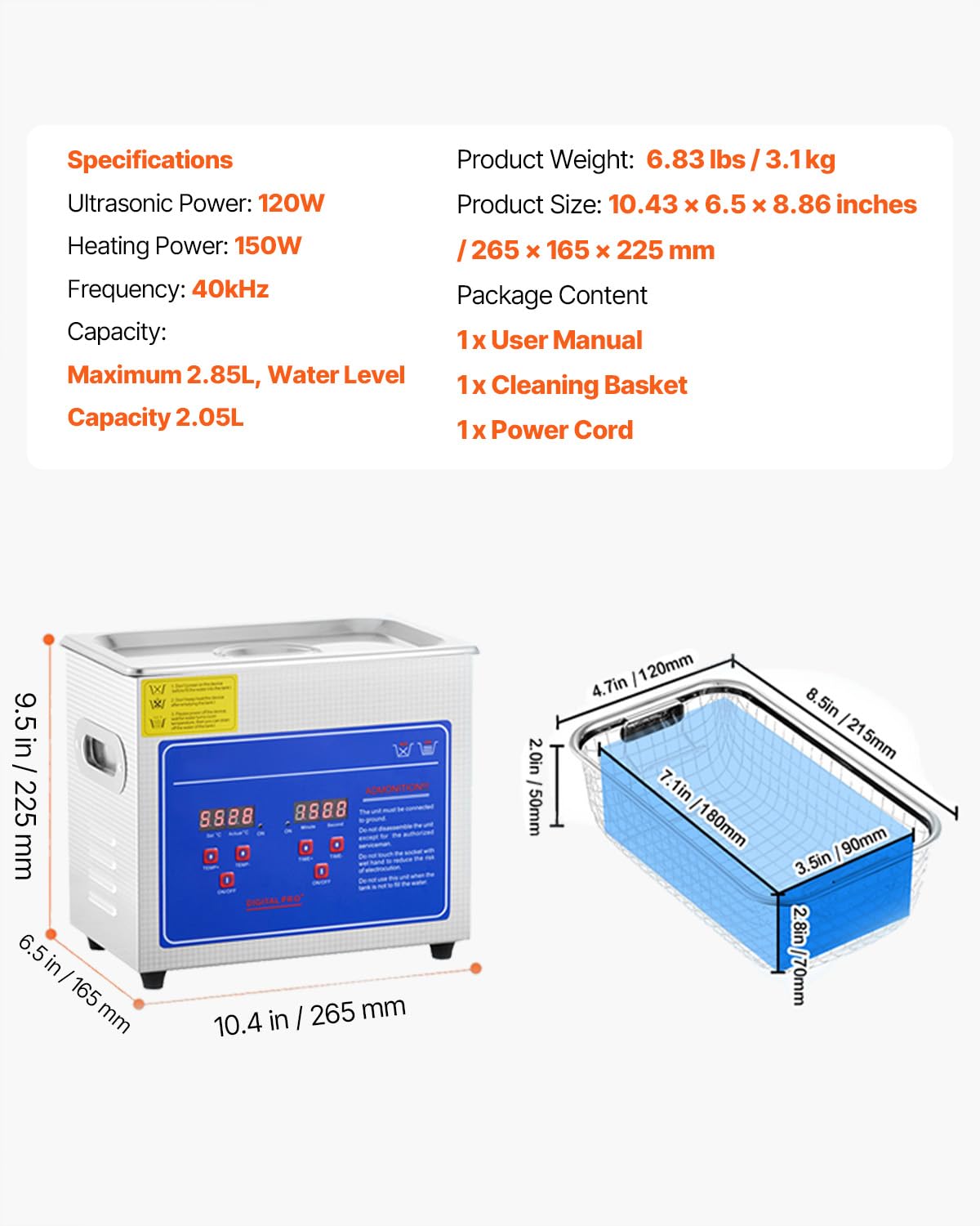 3L Ultrasonic Cleaner With Heated Function Digital Timer Stainless Steel Tank