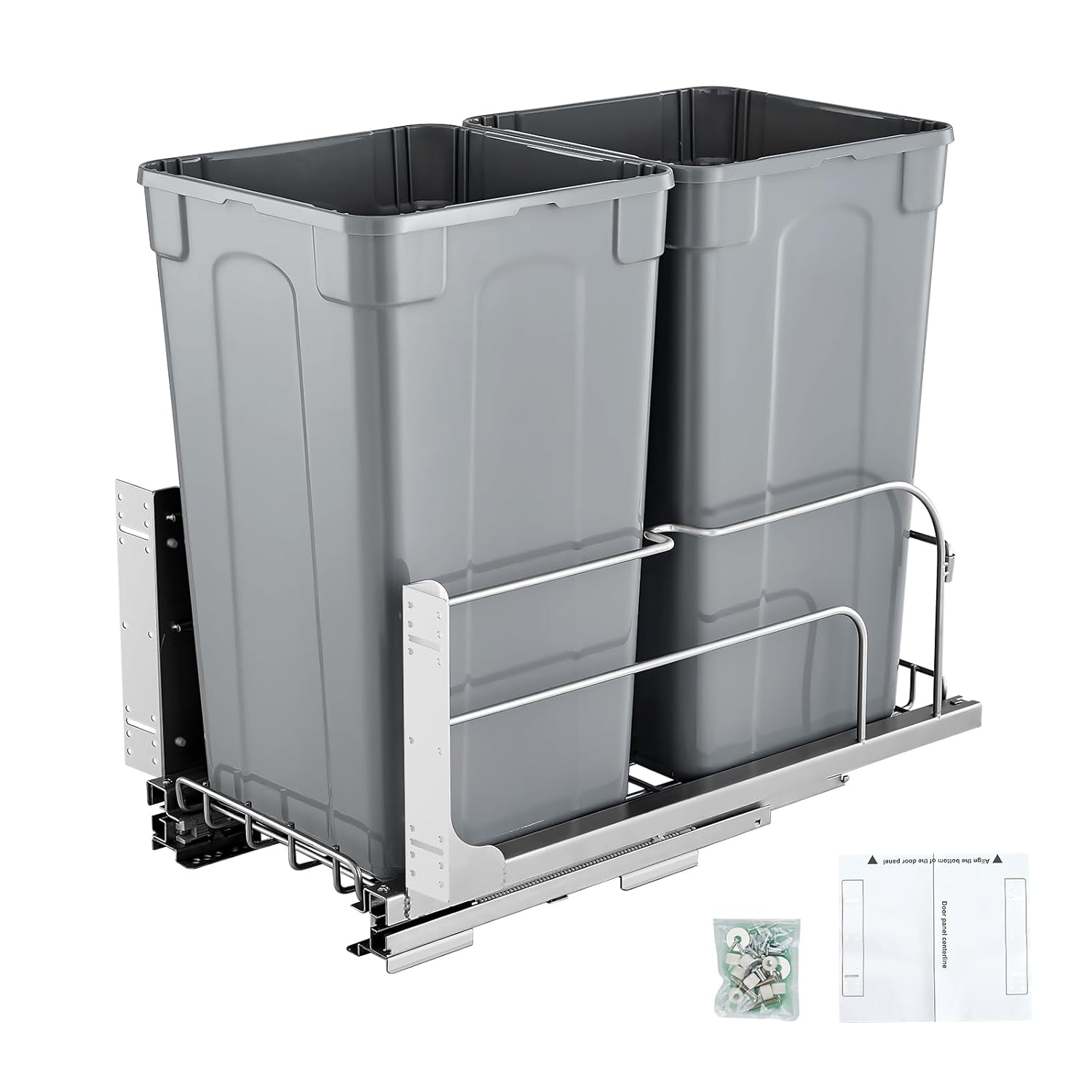 Pull-Out Trash Can 27 QT x2 Double Under Mount Kitchen Waste Container with Soft Close Slide Grey