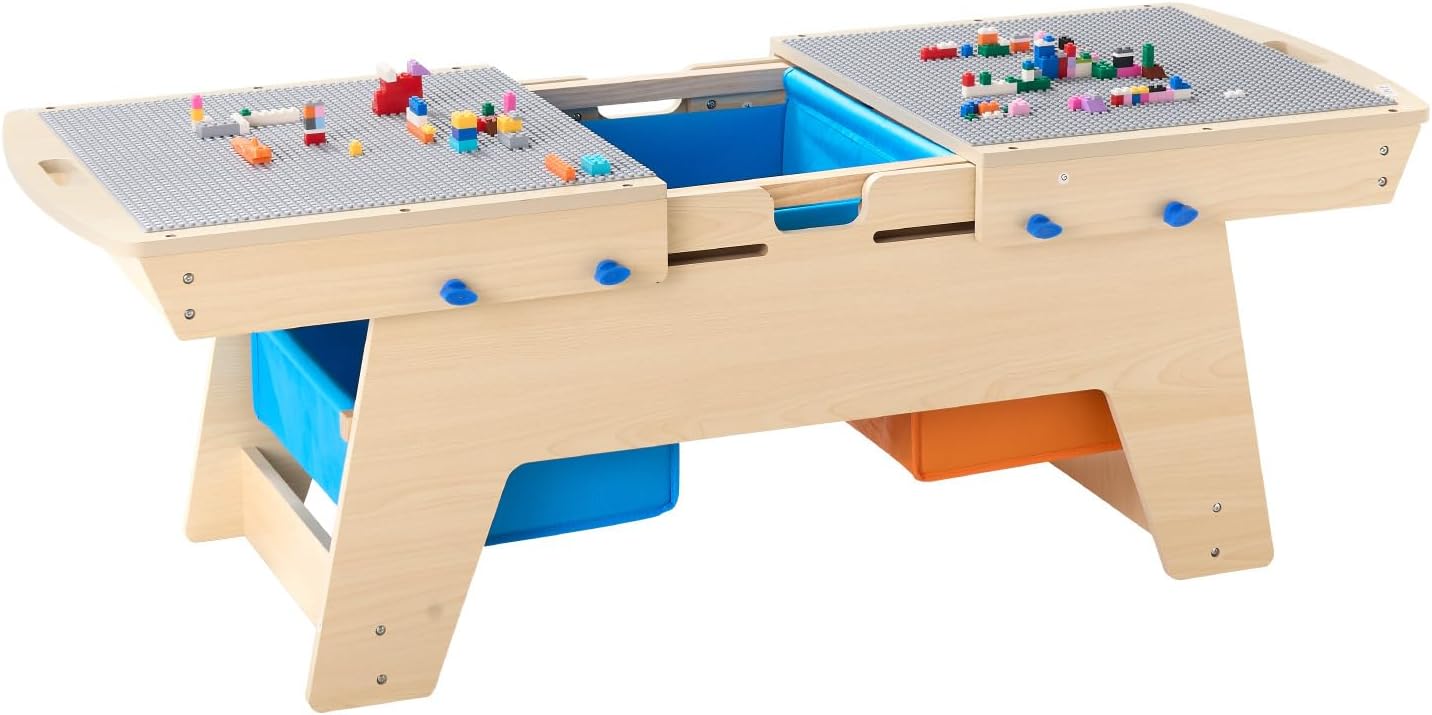 Kids Reversible Wooden Activity Table with 200 Building Bricks & 3 Storage Bins