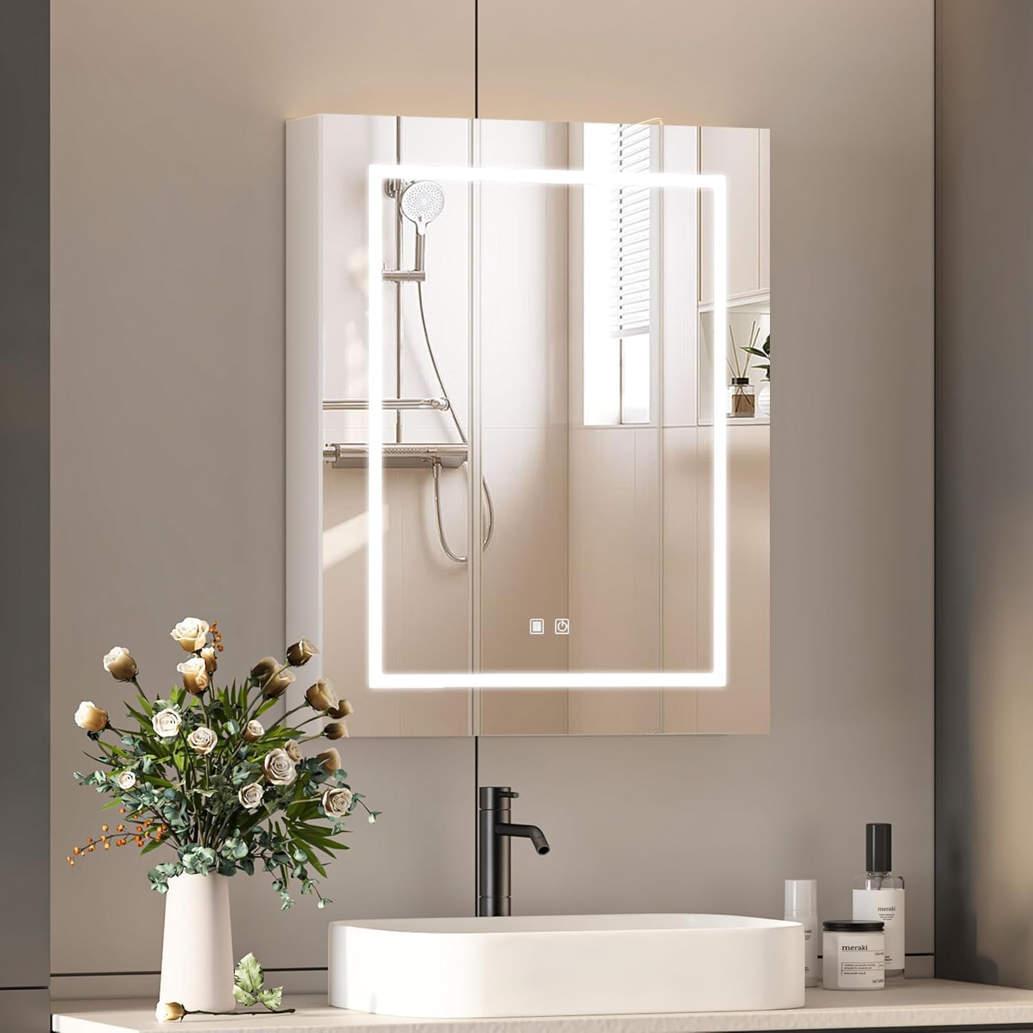Mepplzian Lighted Medicine Cabinet 24x30 Inch with Mirror Shaver Socket 3 Color Lights Outlets USB Wall Mounted