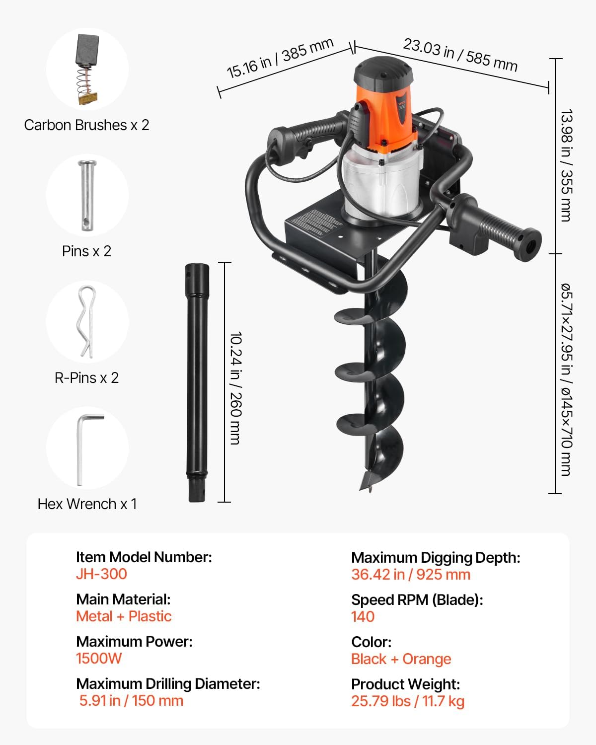 Electric Post Hole Digger 5.71 In Auger Bit 1500W Motor 140 RPM Alloy Steel Earth Auger With Extension Rod