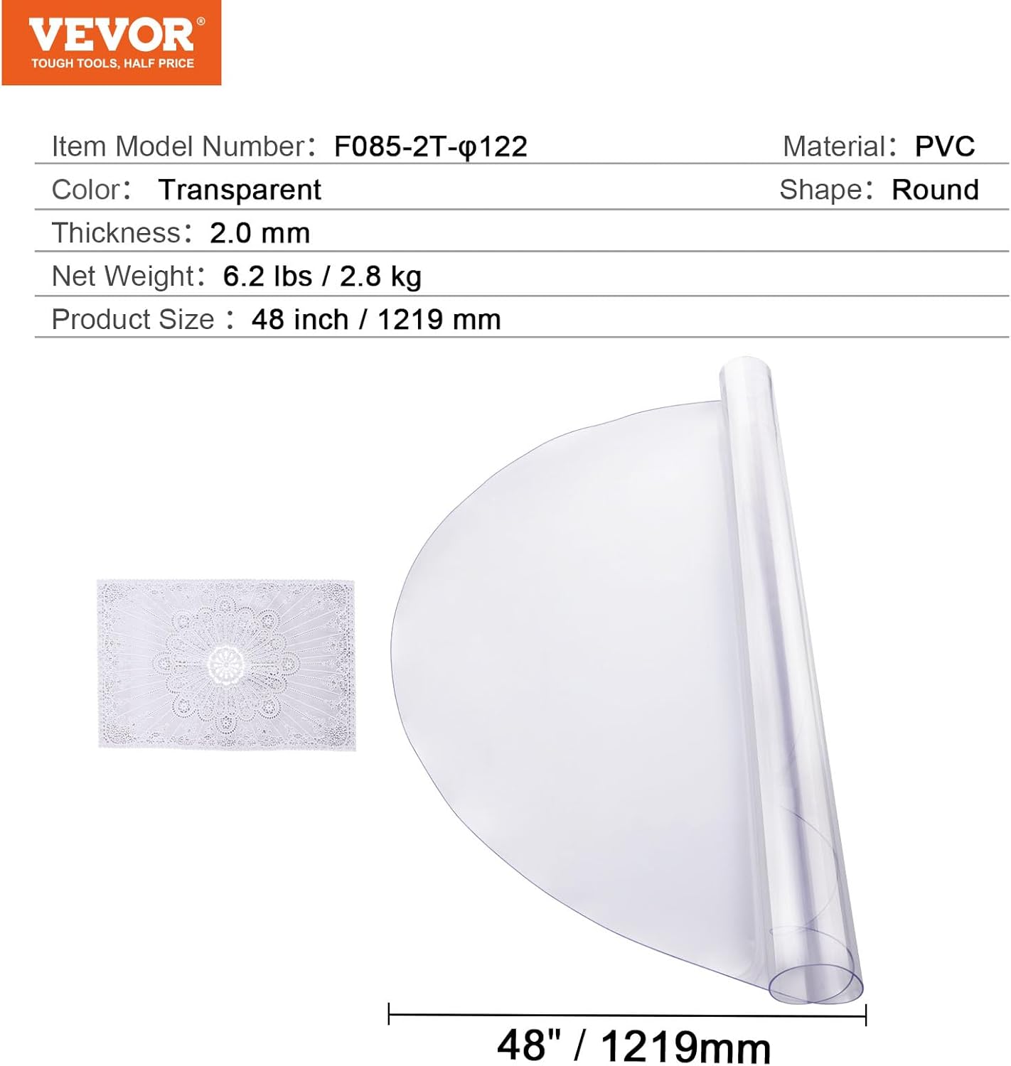Plastic Table Cover 48 x 48 Inch Round Clear 2.0mm Thick PVC Desk Mat Protector