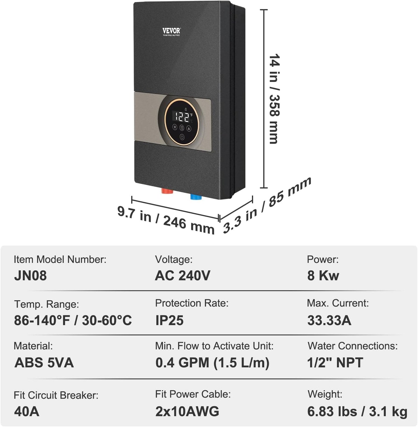 Tankless Water Heater Electric 8KW 240V Black Instant LCD Touch Screen Digital Temperature Display Child Security Lock On Demand For Bathroom Kitchen Shower Mall Salon