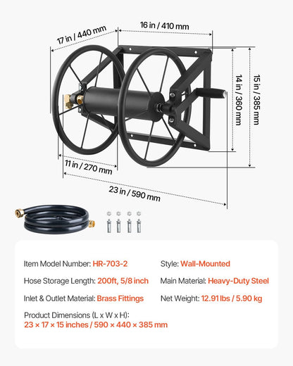 Wall Mounted Garden Hose Reel Holds 200 ft 5/8-Inch Manual Steel with Brass Fitting & 5ft Leader Hose