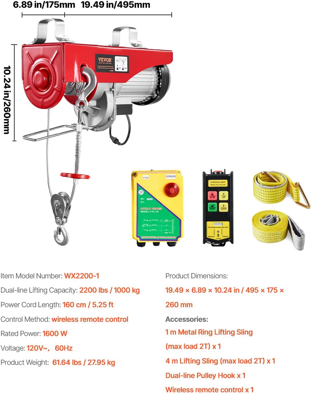 2200Lbs Electric Hoist With Wireless Remote Control 110V 40Ft Lifting Height