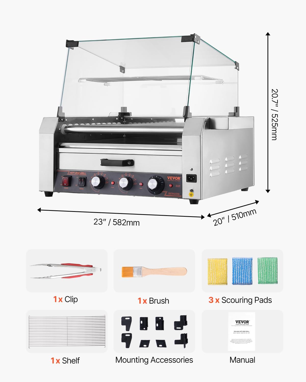 Hot Dog Roller 30 Hot Dog 11 Rollers Stainless Steel Sausage Grill Cooker 1950W with Bun Warmer Cover 3 Temp Control Side Storage Box Oil Drip Tray