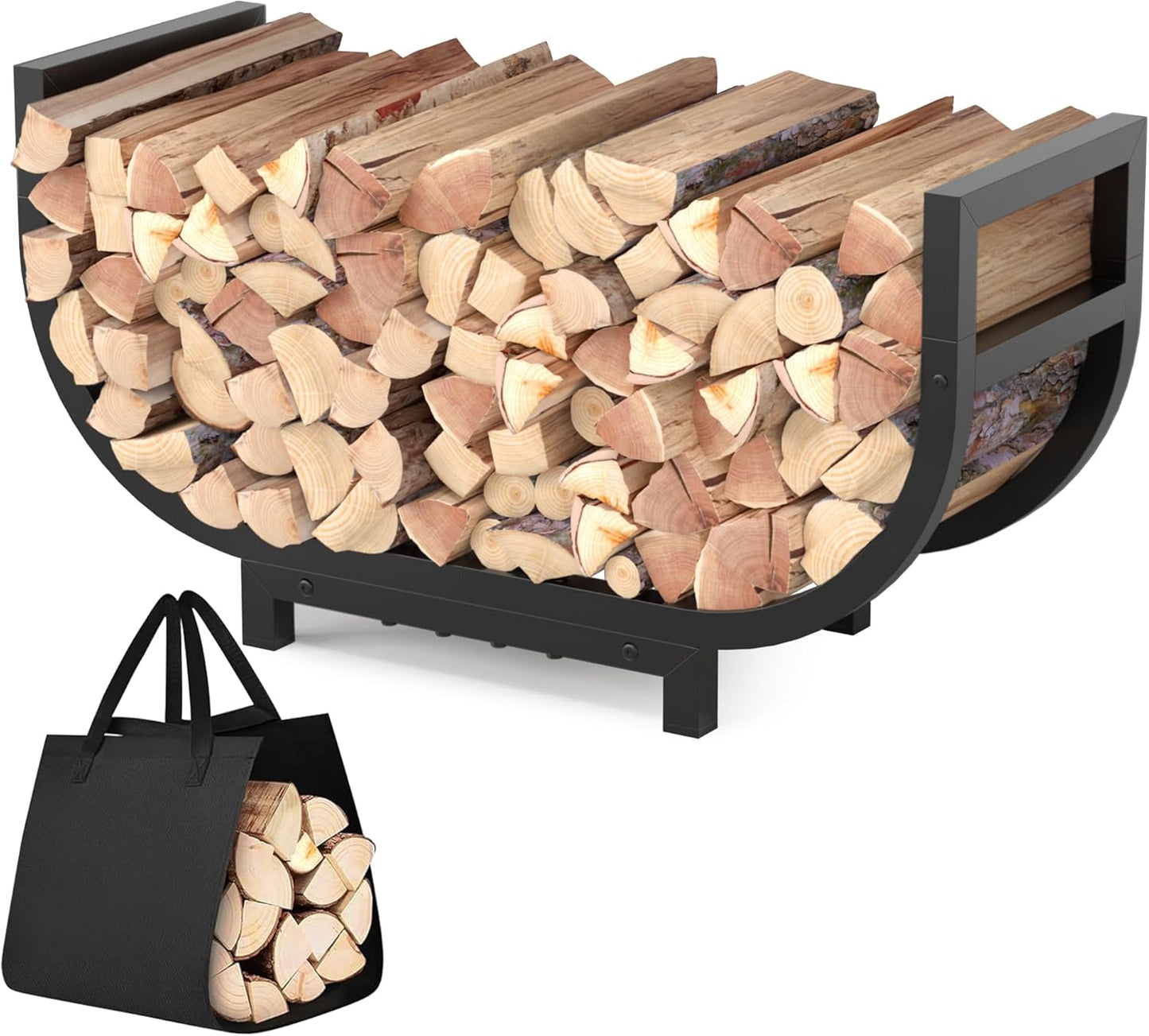 30-Inch Firewood Rack with Log Carrier Bag Heavy Duty Rustproof Metal Wood Storage Organizer Black