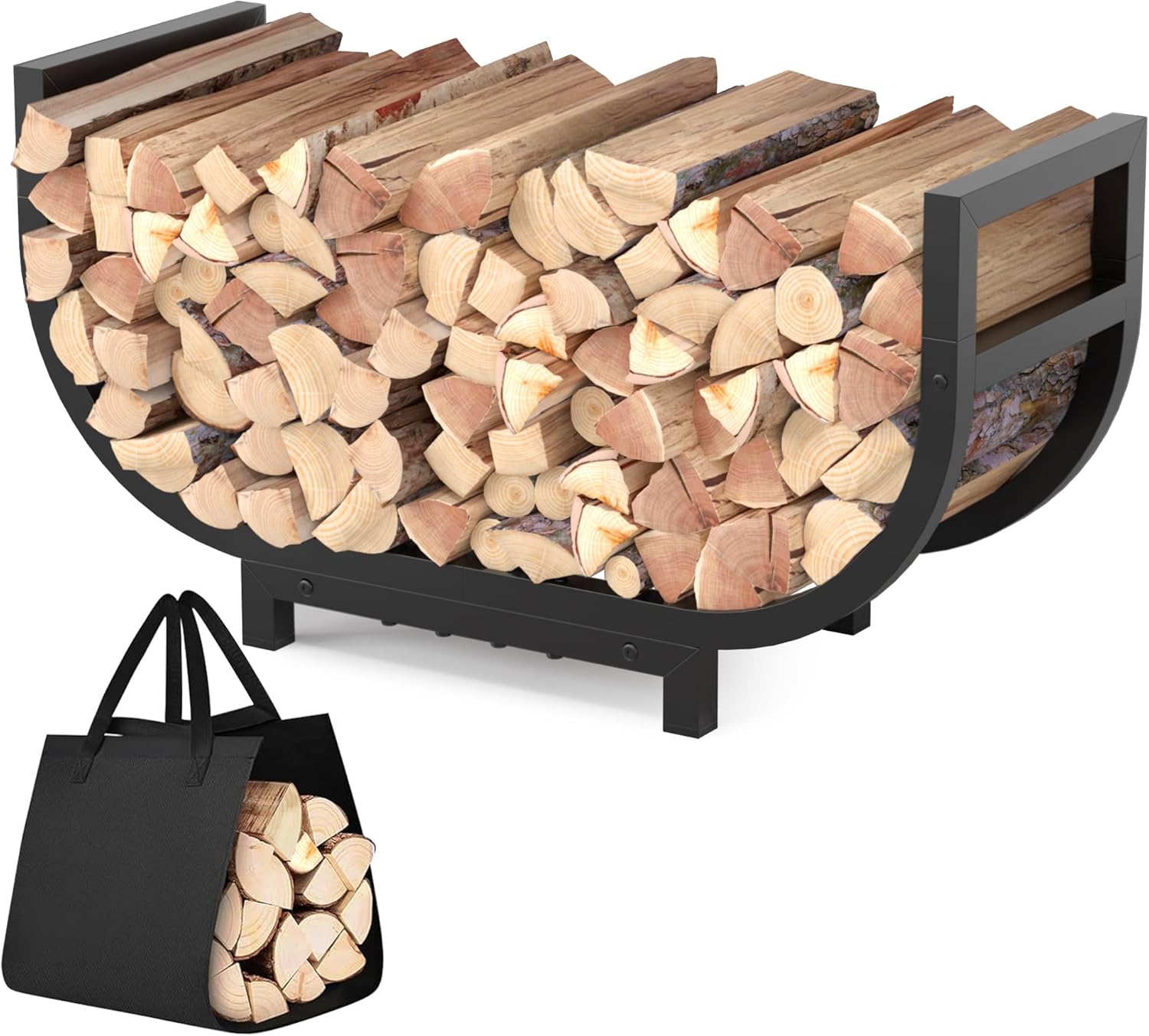 30-Inch Firewood Rack with Log Carrier Bag Heavy Duty Rustproof Metal Wood Storage Organizer Black