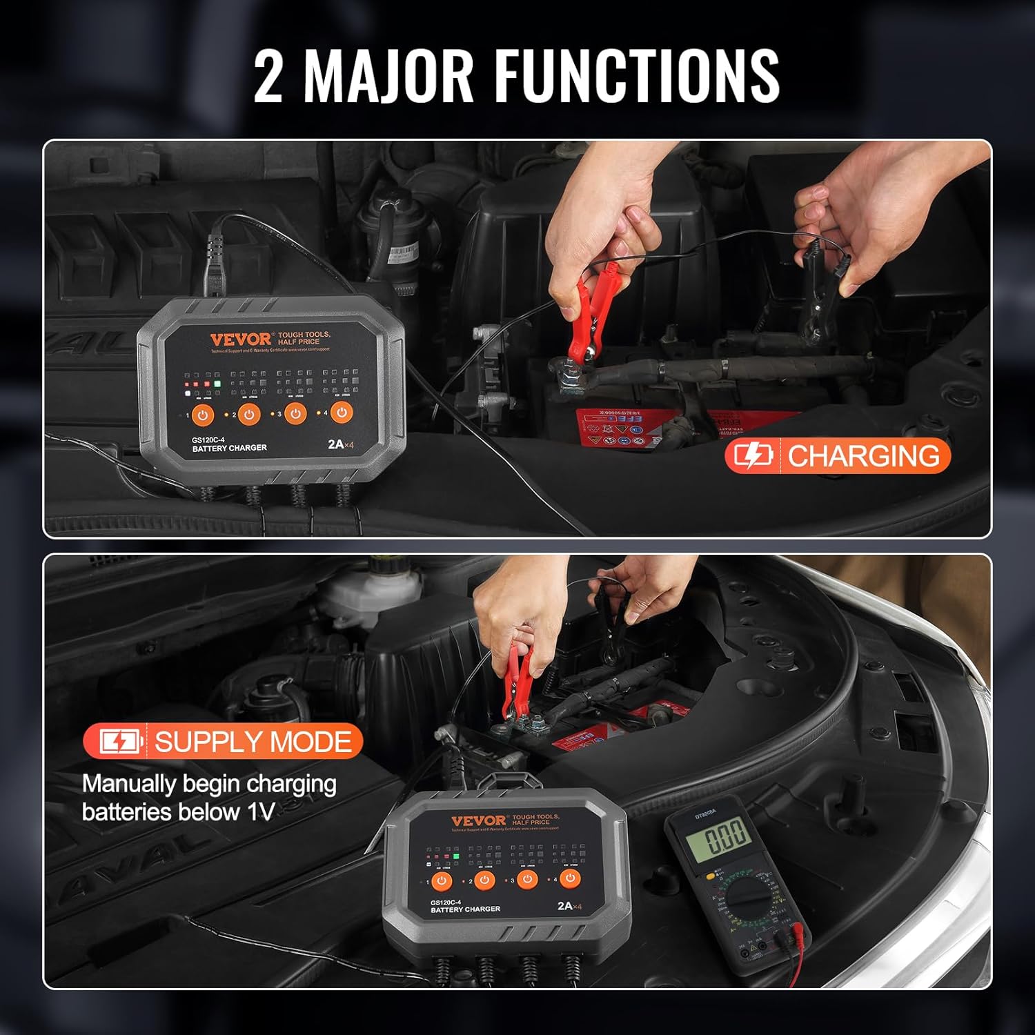 VEVOR Smart Battery Charger 2A x 4 LiFePO4 Lead-Acid Fully-Automatic Maintainer Desulfator