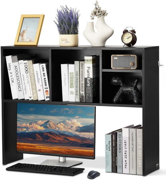 Desktop Bookshelf Storage Organizer 5 Shelves Wooden Desk Hutch Anti-Slip Feet Pads Black