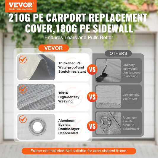 Carport Replacement Canopy Cover Top & Side Wall 10 x 20 ft Waterproof UV Protected Grey