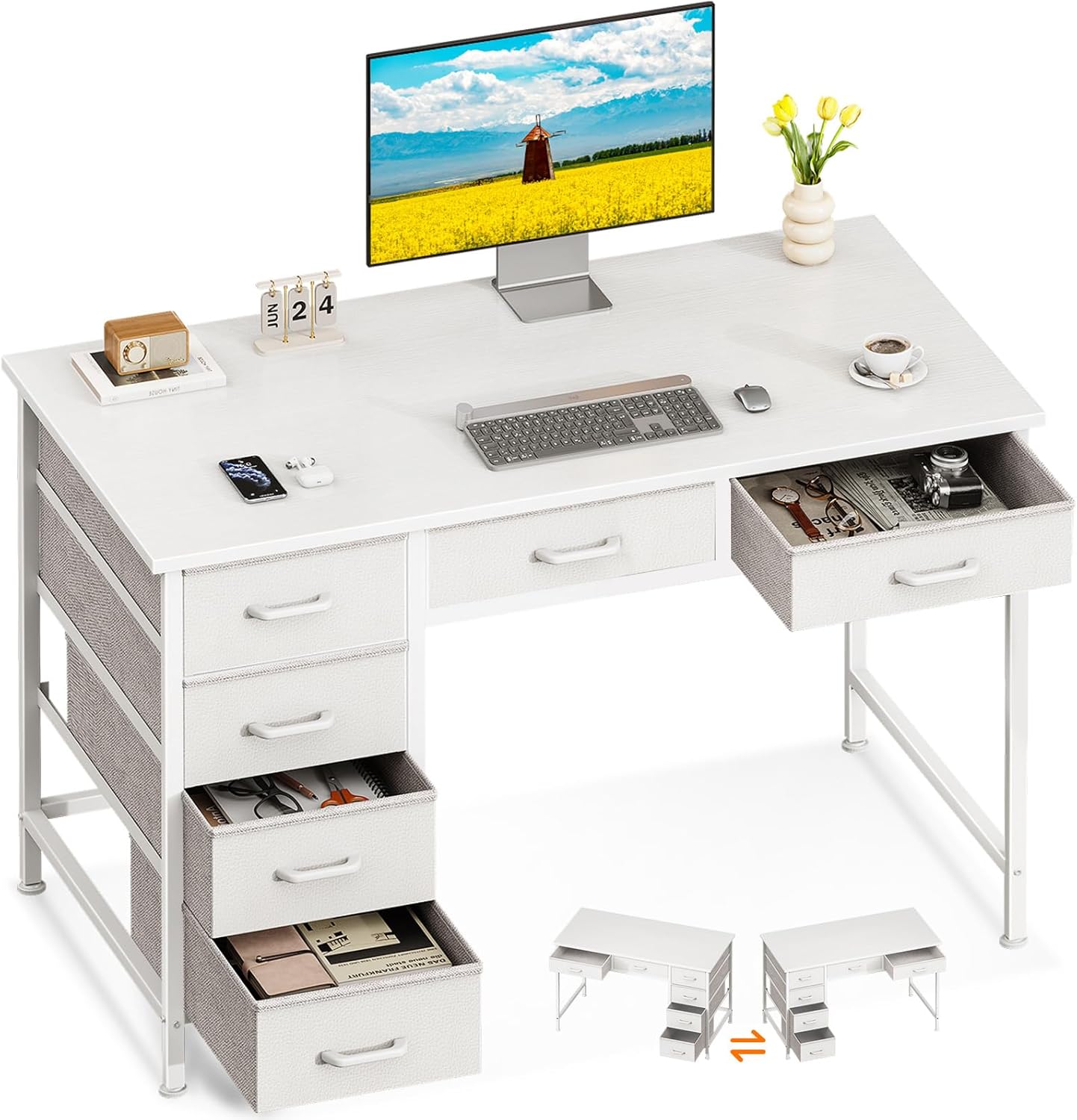 ODK Computer Desk with 6 Drawers 40 Inch Small Desk for Home Office White