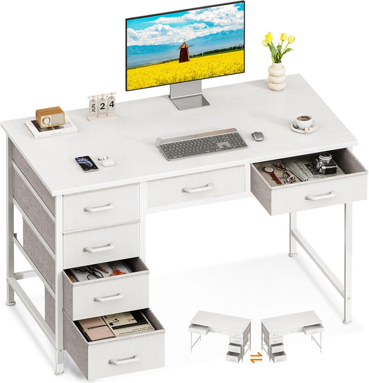 ODK Computer Desk with 6 Drawers 40 Inch Small Desk for Home Office White