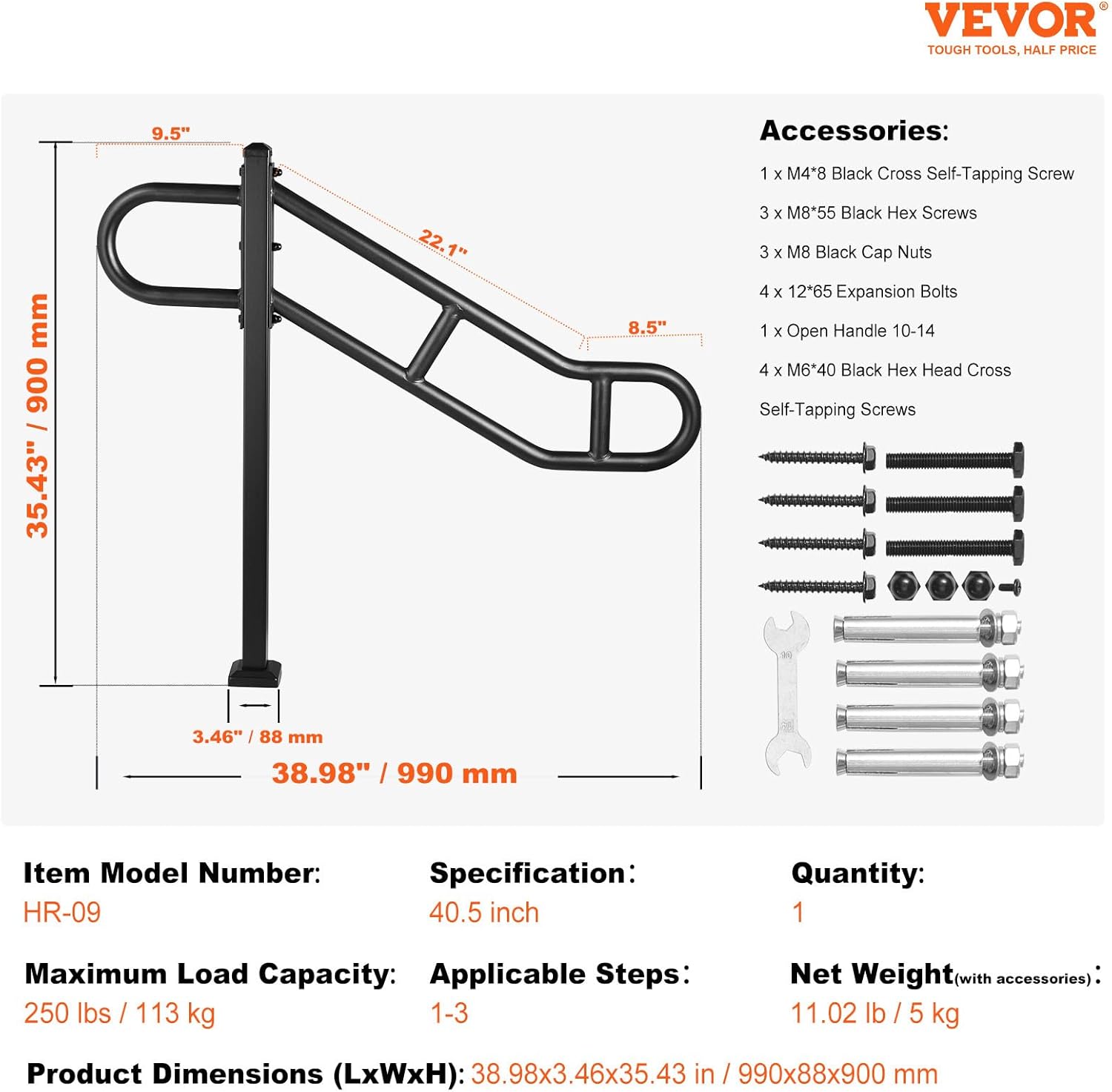 Single Post Handrail For Outdoor 1-3 Steps 40.5 In L X 35.4 In H Metal Bent Stair Railings Floor Mounted Carbon Steel U-Shaped Post Grab Rails With 2 Anti-Skid Crossbar For Garage