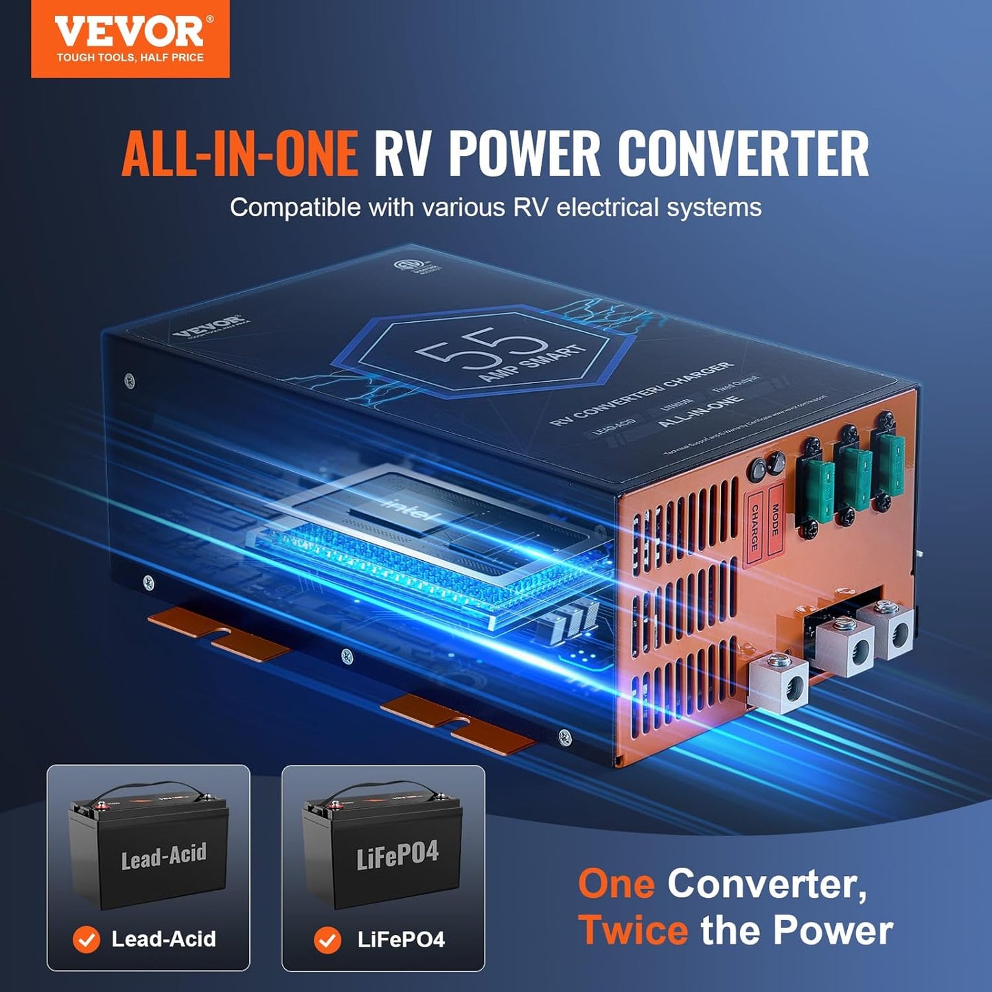 VEVOR 55 Amp RV Converter 120V AC to 12V DC Battery Charger with 4 Stage Smart Charging