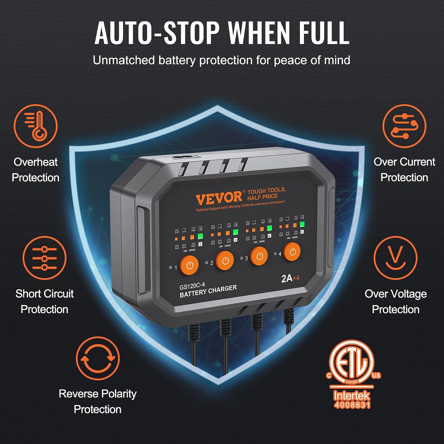 VEVOR Smart Battery Charger 2A x 4 LiFePO4 Lead-Acid Fully-Automatic Maintainer Desulfator