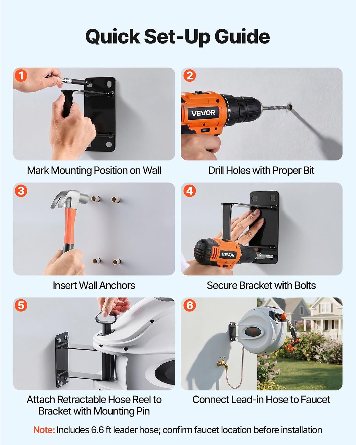 VEVOR Retractable Garden Hose Reel 100 ft x 1/2 inch with 9-Pattern Nozzle Wall-Mounted