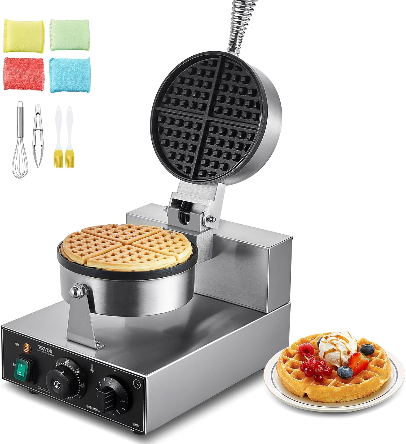 Commercial Waffle Maker 1230W Round Belgian Waffle Iron Non-Stick Stainless Steel with Temperature and Time Control