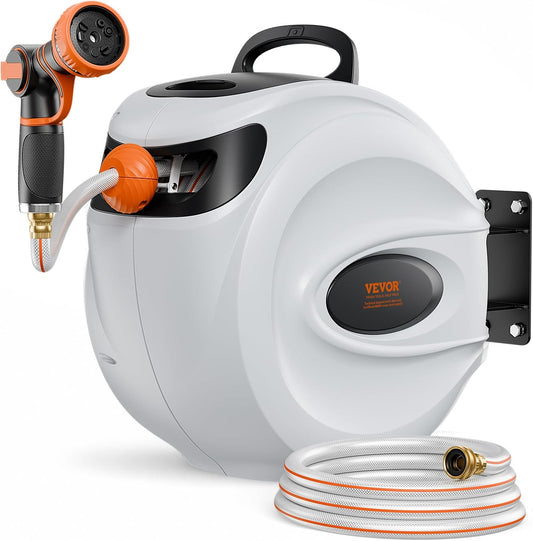 VEVOR Retractable Garden Hose Reel 100 ft x 1/2 inch with 9-Pattern Nozzle Wall-Mounted