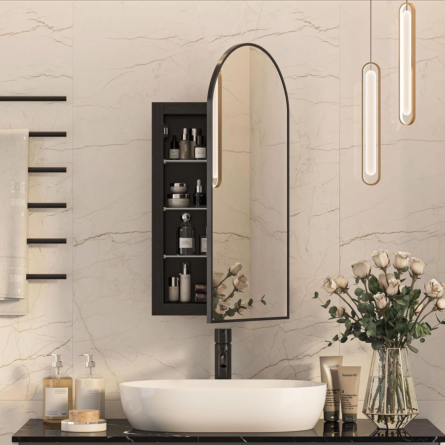 Recessed Arched Medicine Cabinet With Mirror 16x31 Black