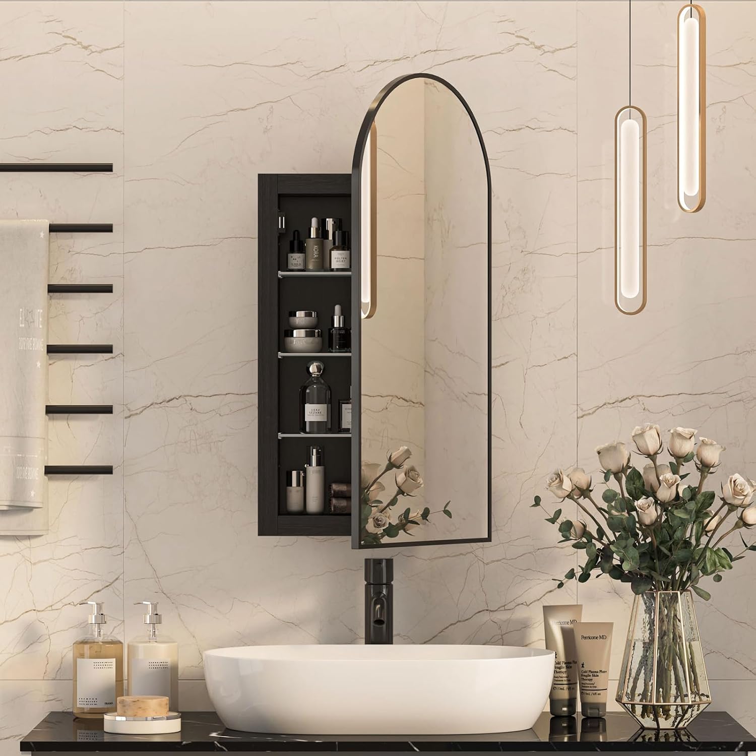 Recessed Arched Medicine Cabinet With Mirror 16x31 Black