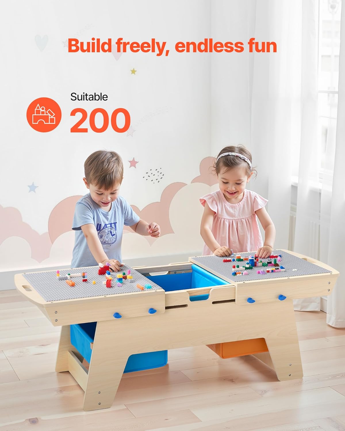 Kids Reversible Wooden Activity Table with 200 Building Bricks & 3 Storage Bins