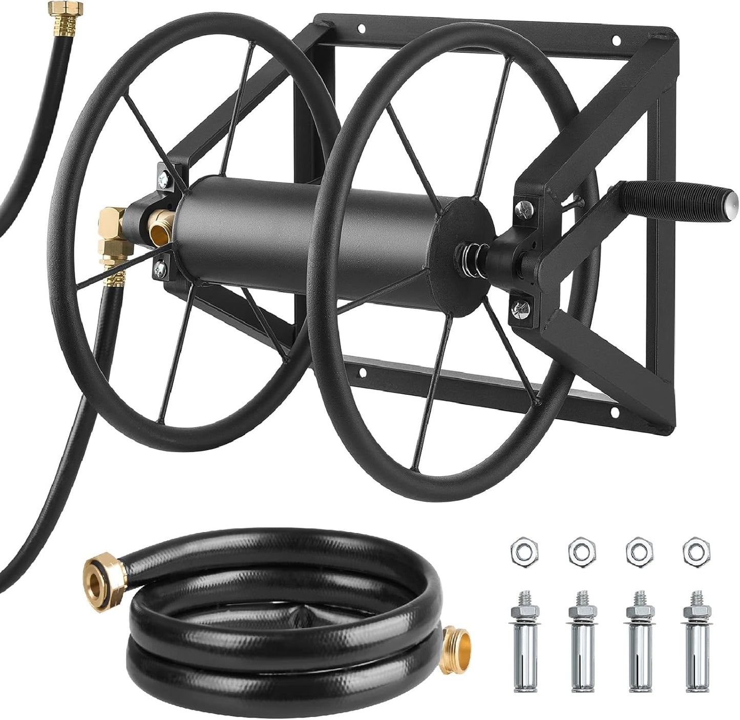 Wall Mounted Garden Hose Reel Holds 200 ft 5/8-Inch Manual Steel with Brass Fitting & 5ft Leader Hose