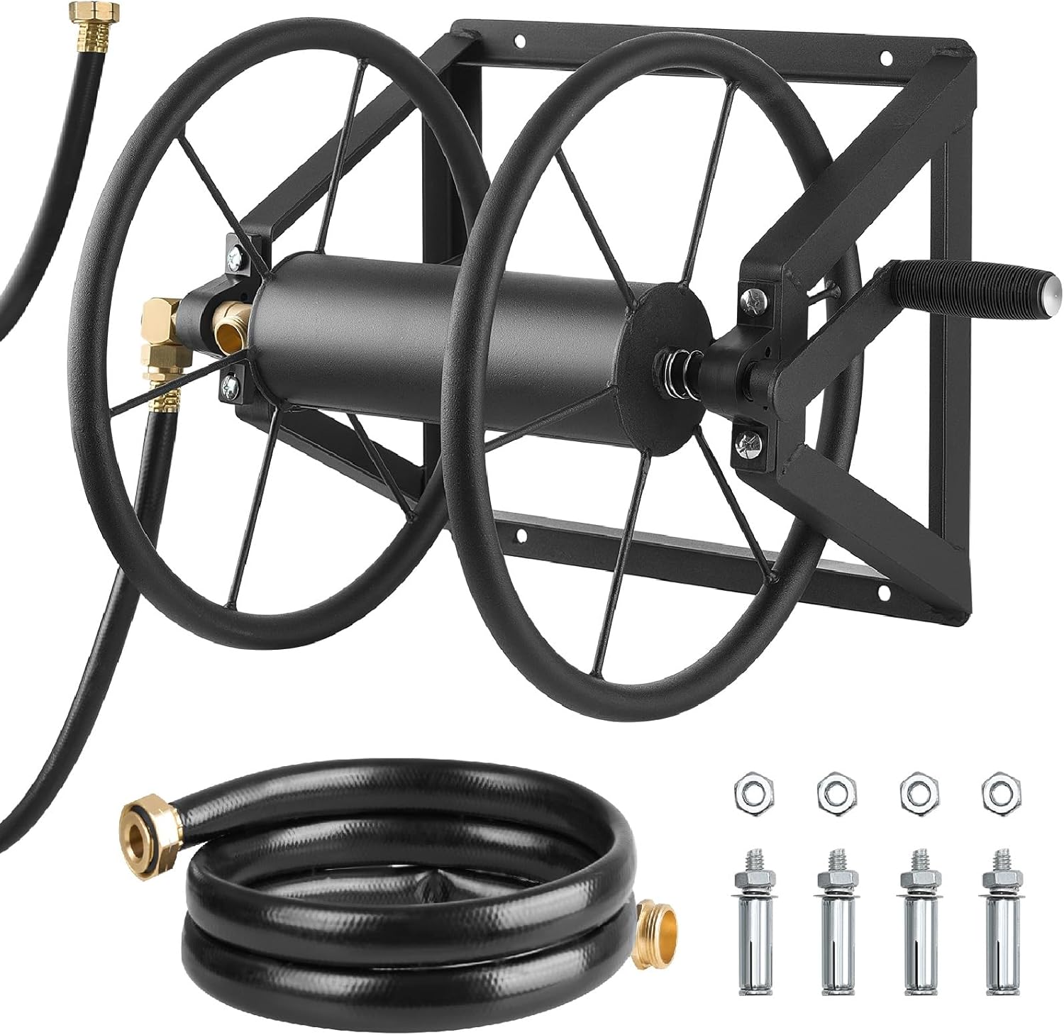 Wall Mounted Garden Hose Reel Holds 200 ft 5/8-Inch Manual Steel with Brass Fitting & 5ft Leader Hose